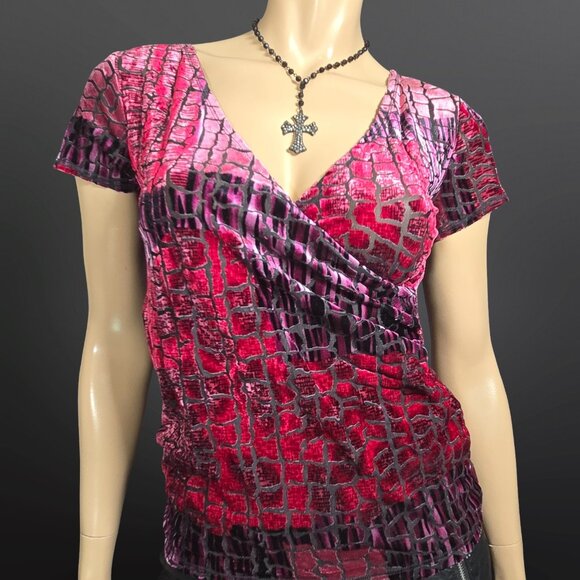 Y2K Snake Print Flocked Velvet Burnout Top Size M Pink Burgundy V Neck - Picture 1 of 14
